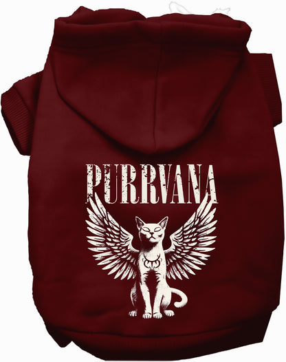 Maroon Purrvana pet hoodie with winged cat design