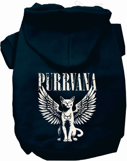 Dark blue Purrvana pet hoodie with winged cat design