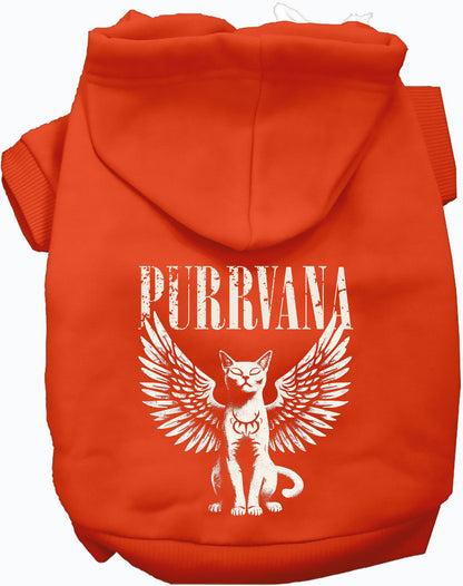 Orange Purrvana pet hoodie with winged cat design