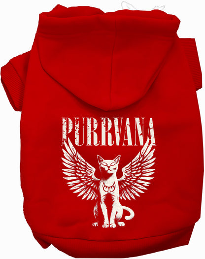 Red Purrvana pet hoodie with winged cat design