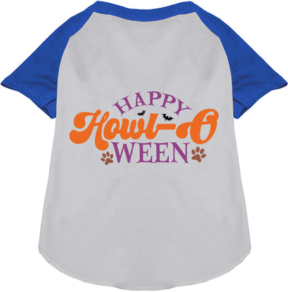 Blue and white Happy Howl-Oween pet raglan shirt