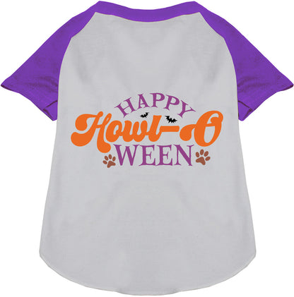 Purple and white Happy Howl-Oween pet raglan shirt