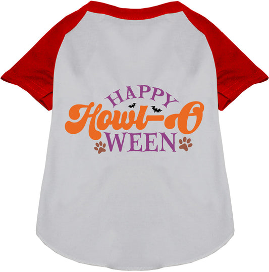 Red and white Happy Howl-Oween pet raglan shirt