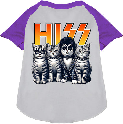 Hiss Kitties Pet Raglan Shirt in purple and gray