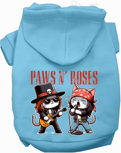 Light blue Paws N' Roses pet hoodie with cat band design