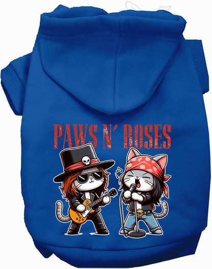 Royal blue Paws N' Roses pet hoodie with cat band design