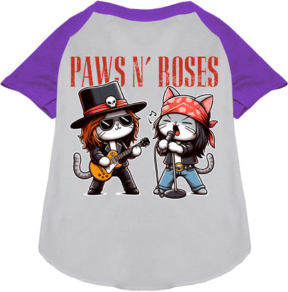 Purple Paws N' Roses pet raglan shirt with cartoon cats