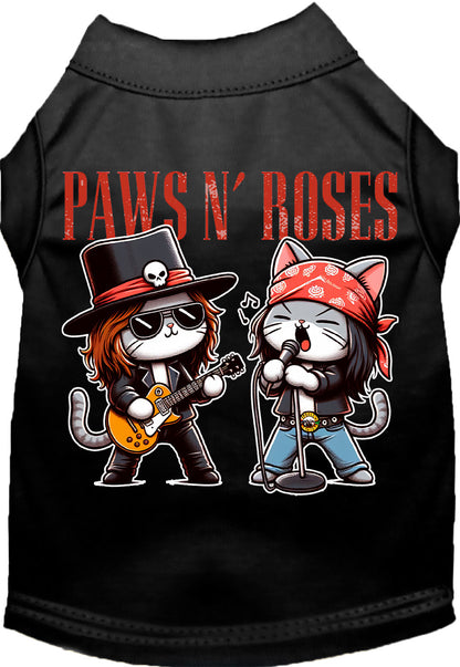 Black Paws N' Roses pet shirt with rock band cats design