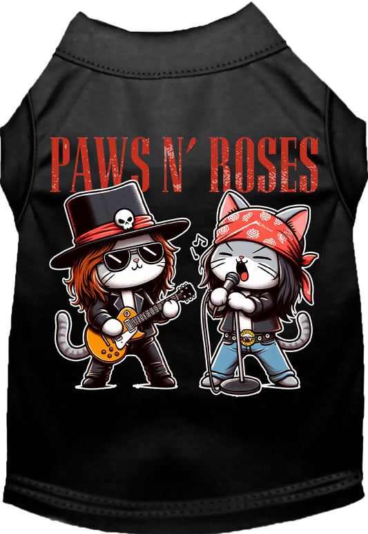 Black Paws N' Roses pet shirt with rock band cats design