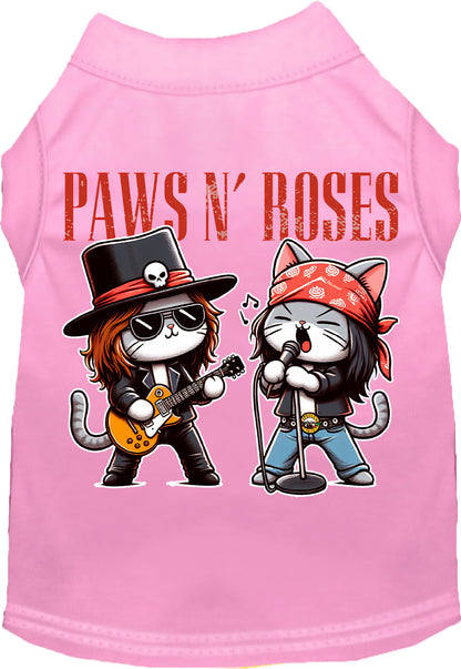 Light pink Paws N' Roses pet shirt with rock band cats design