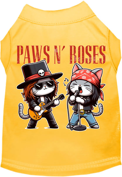 Yellow Paws N' Roses pet shirt with rock band cats design