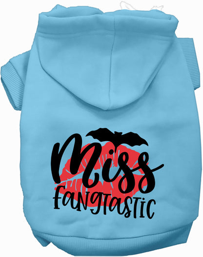 Light blue Miss Fangtastic pet hoodie with bat design