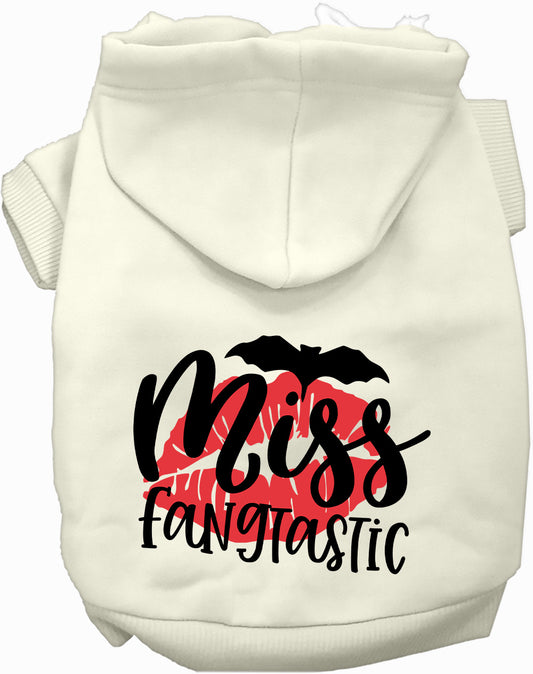 White Miss Fangtastic pet hoodie with bat design