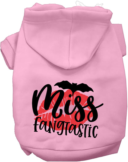 Light pink Miss Fangtastic pet hoodie with bat design