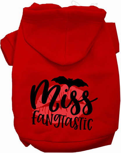 Red Miss Fangtastic pet hoodie with bat design