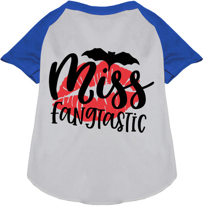 Miss Fangtastic pet raglan shirt with blue sleeves