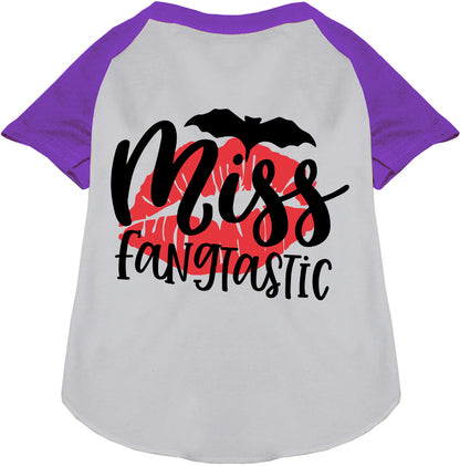 Miss Fangtastic pet raglan shirt with purple sleeves