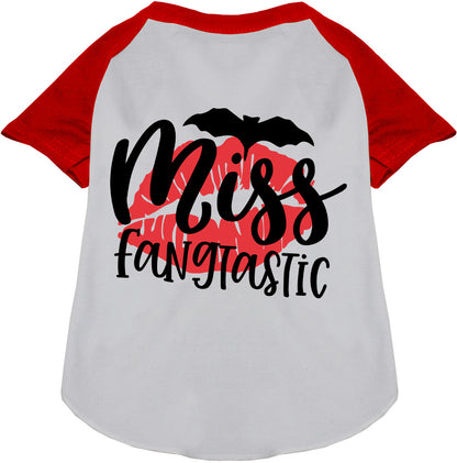 Miss Fangtastic pet raglan shirt with red sleeves