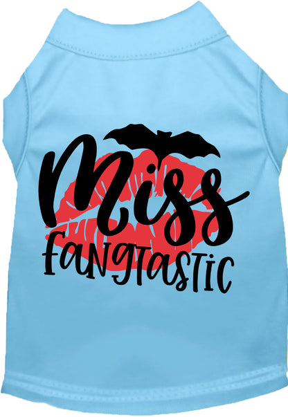 Light blue Miss Fangtastic pet shirt with bat and lips design