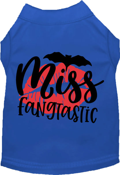 Royal blue Miss Fangtastic pet shirt with bat and lips design