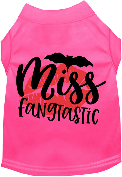 Pink Miss Fangtastic pet shirt with bat and lips design