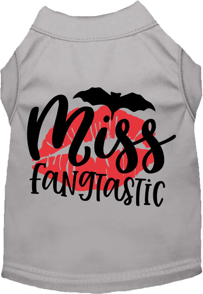 Gray Miss Fangtastic pet shirt with bat and lips design