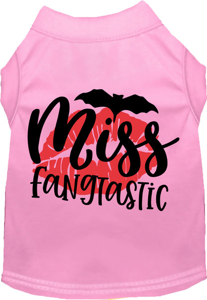 Light pink Miss Fangtastic pet shirt with bat and lips design