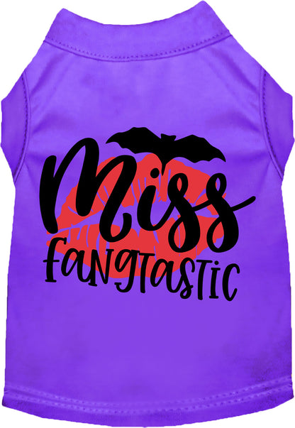 Purple Miss Fangtastic pet shirt with bat and lips design