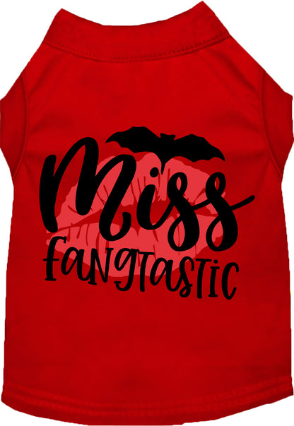 Red Miss Fangtastic pet shirt with bat and lips design