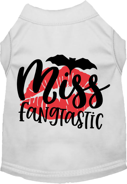 White Miss Fangtastic pet shirt with bat and lips design