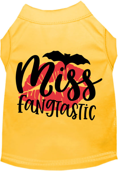 Yellow Miss Fangtastic pet shirt with bat and lips design