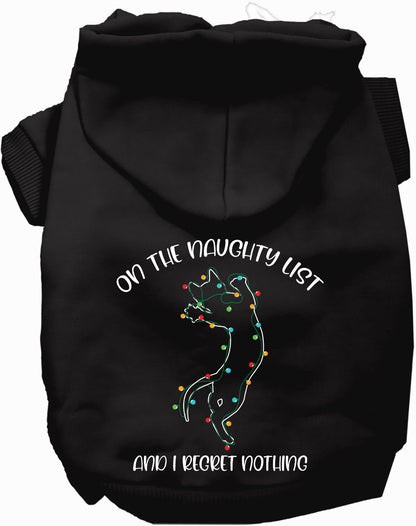 Black pet hoodie with 'On the Naughty List' design