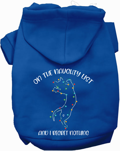 Blue pet hoodie with 'On the Naughty List' design