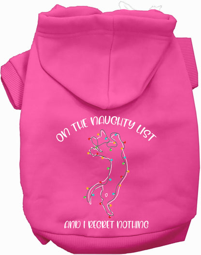 Pink pet hoodie with 'On the Naughty List' design