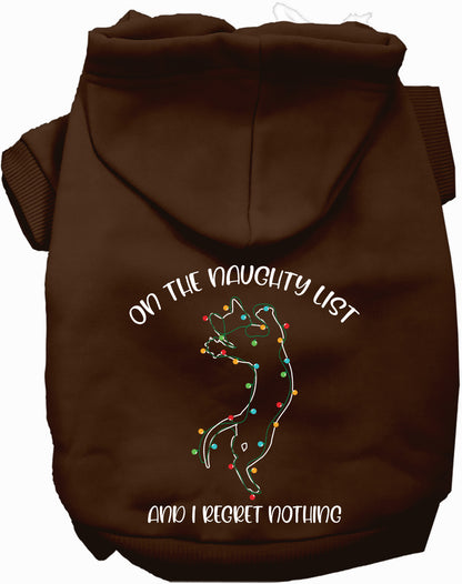 Brown pet hoodie with 'On the Naughty List' design