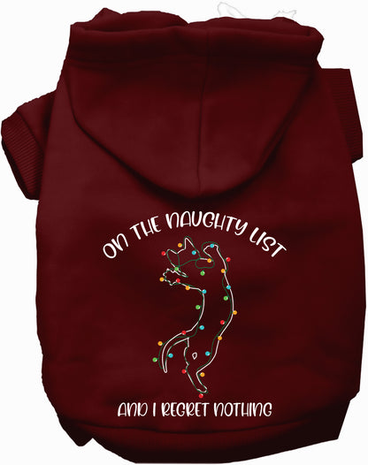 Burgundy pet hoodie with 'On the Naughty List' design