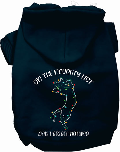 Navy pet hoodie with 'On the Naughty List' design