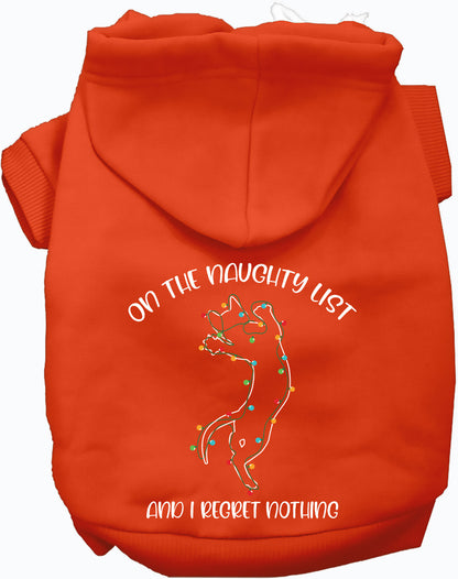 Orange pet hoodie with 'On the Naughty List' design