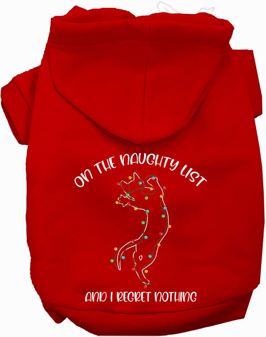 Red pet hoodie with 'On the Naughty List' design