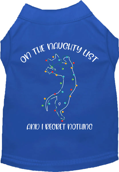 Blue pet shirt with 'On the Naughty List' design