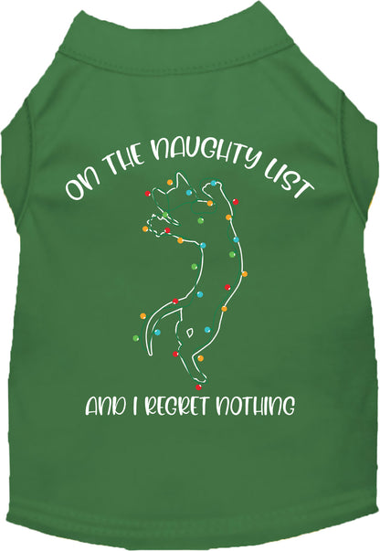 Green pet shirt with 'On the Naughty List' design