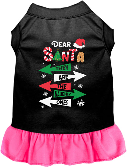 Black pet dress with pink skirt and 'They're the Naughty Ones' design