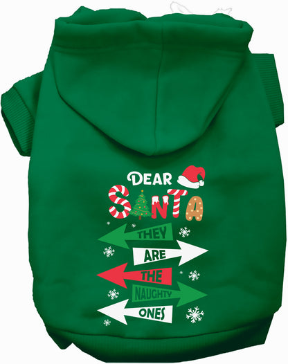 Green Naughty Ones Pet Hoodie with festive design