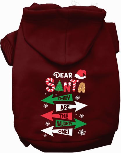 Maroon Naughty Ones Pet Hoodie with festive design