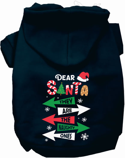 Navy Naughty Ones Pet Hoodie with festive design