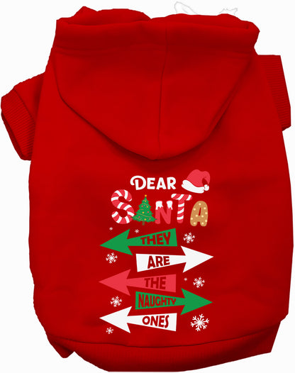 Red Naughty Ones Pet Hoodie with festive design