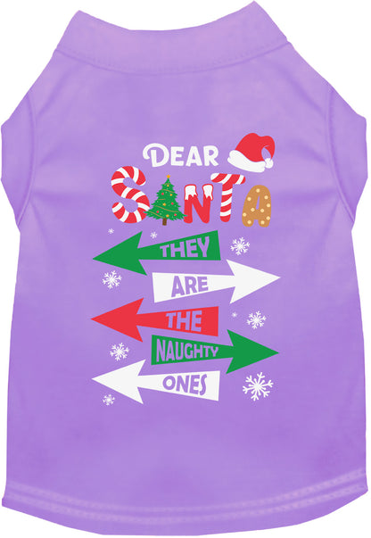 Lavender pet shirt with 'They're the Naughty Ones' design