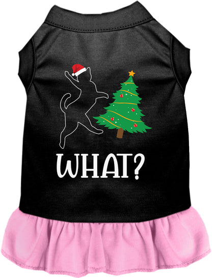 Black pet dress with light pink skirt, Christmas tree design