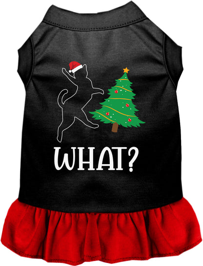 Black pet dress with red skirt, Christmas tree design