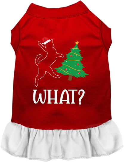 Red pet dress with white skirt, Christmas tree design